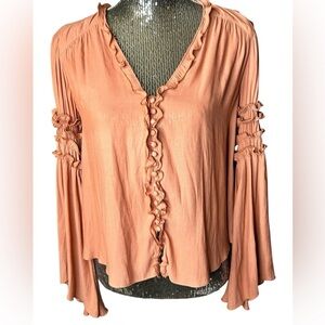 Free People Blouse Ruffle Button Sleeve Size X-Small Blousey Semi Sheer
